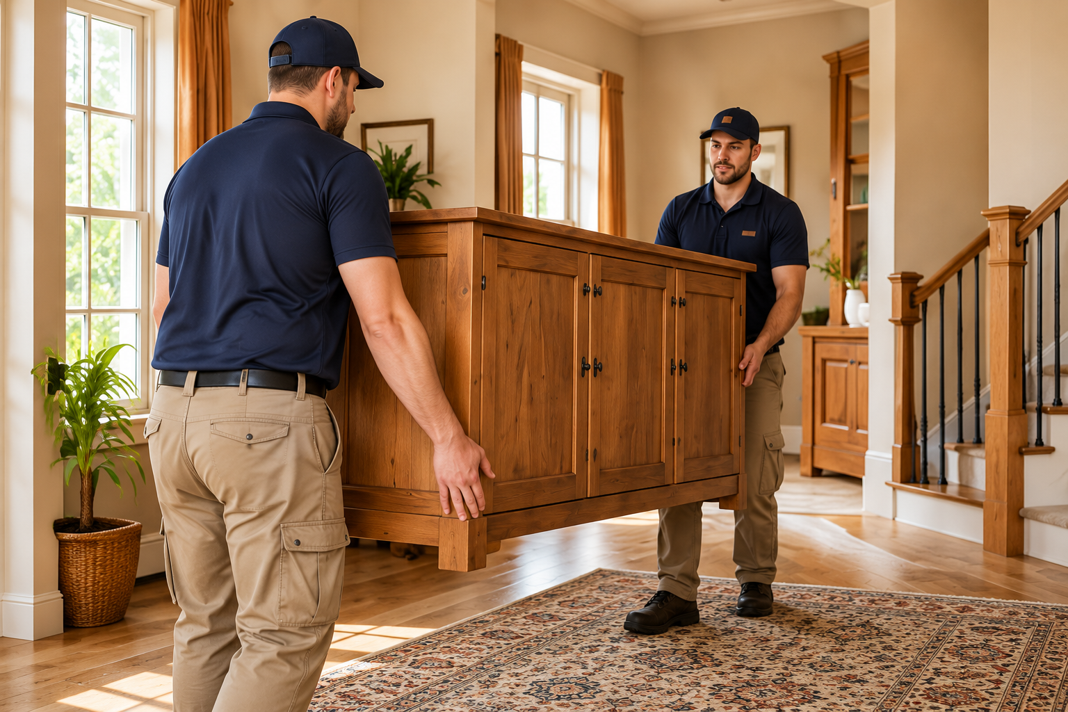 Two movers carrying a wooden cabinet into a home